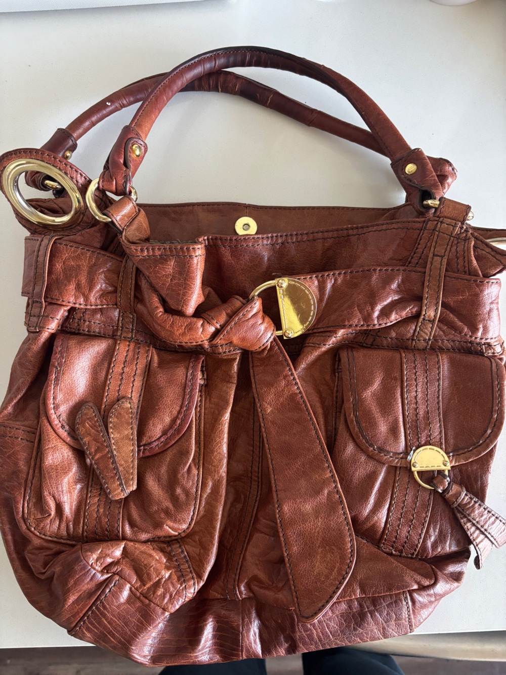 Steven By Steve Madden Brown Leather Shoulder Bag with Gold Hardware